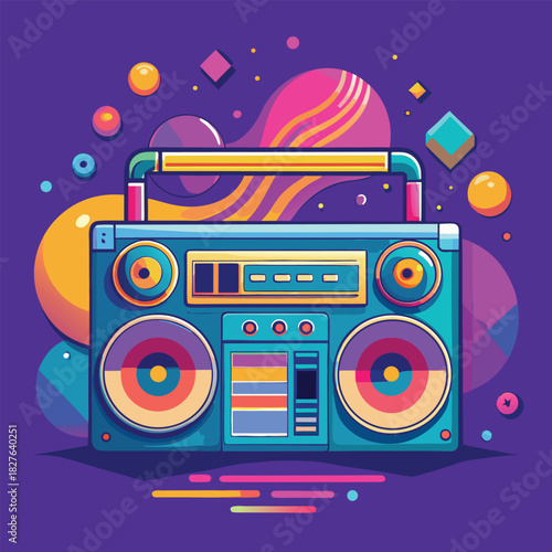 Retro 80s Boombox Vector Illustration – Colorful Funky Radio Cassette Player with Abstract Geometric Background"
