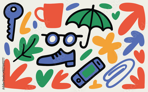 Colorful Doodle Pattern with Everyday Objects and Abstract Shapes on White Background