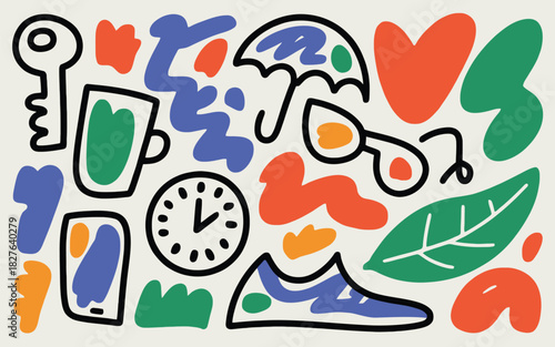 Colorful Abstract Doodle Illustration with Everyday Objects and Organic Shapes