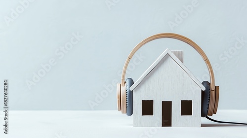 Wooden House Model with Headphones in Minimalist Studio Environment, soundproofing home concept