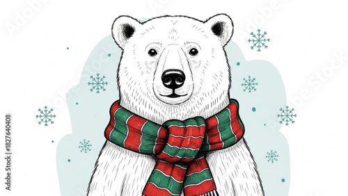 Festive polar bear wearing a red and green scarf, perfect for holiday greetings and winter promotions, originally created as a scalable graphic