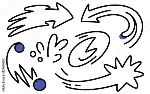 Hand Drawn Arrows and Abstract Shapes with Blue Dots on White Background