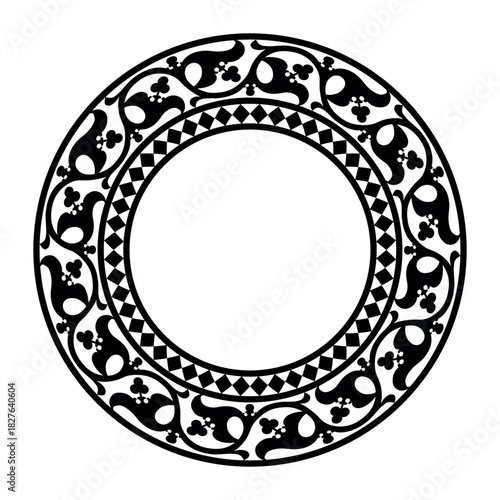 Decorative round frame. Black and white design. Vintage, ethnic vector frame with arabesques EPS. Pattern frame for round surfaces, household utensils, textiles, embroidery. Vector illustration.