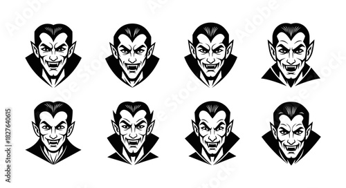 Collection of Vampire Head Icons with Menacing Expressions.