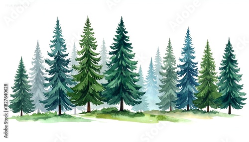 Watercolor depiction of tall evergreen trees in various shades of green against a white background