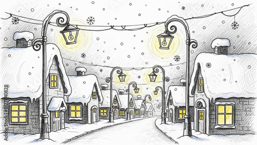 Charming winter village streetscape with snow-covered houses and vintage glowing street lamps, perfect for holiday cards and cozy seasonal designs