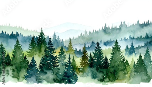 Watercolor illustration of a misty forest landscape with layered evergreen trees