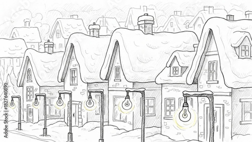 Charming winter village scene with snow-covered houses and glowing street lamps, perfect for holiday greetings and festive designs, originally a vector graphic