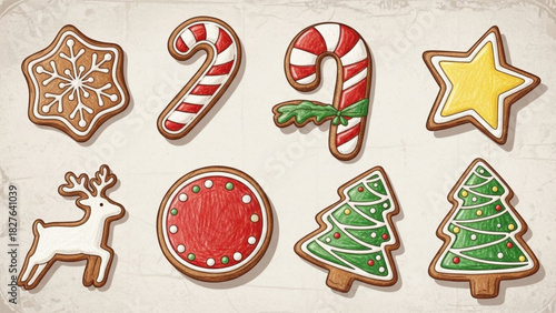 Festive gingerbread cookies delight with Christmas trees, candy canes, snowflakes, stars, and reindeer, perfect for holiday baking and seasonal cheer