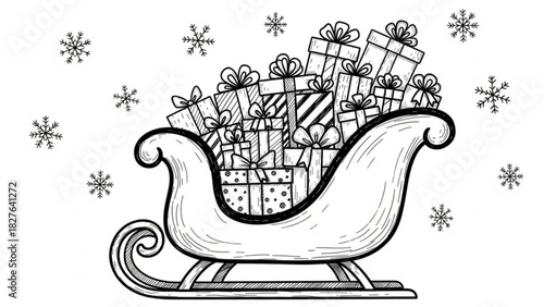 Festive hand-drawn sleigh overflowing with Christmas gifts and falling snowflakes, perfect for holiday greetings and seasonal designs, originally a scalable vector