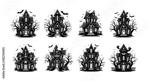 Collection of Spooky Haunted Houses for Halloween Celebrations.