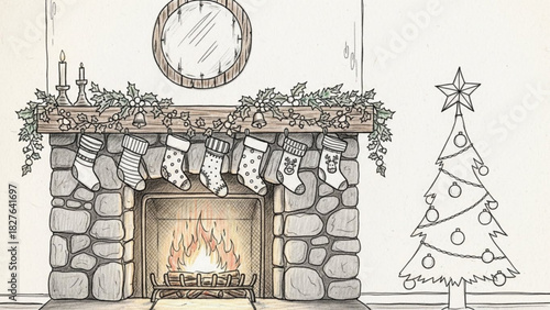 Cozy Christmas fireplace scene with stockings hung, adorned with festive garland and a twinkling tree, bringing holiday cheer and warmth to any project