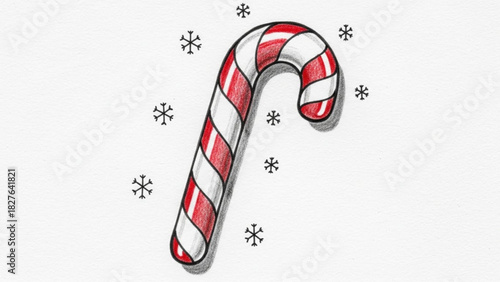 Festive candy cane illustration with delicate snowflakes, perfect for holiday greetings and winter celebrations, spreading joy and cheer, hand drawn style