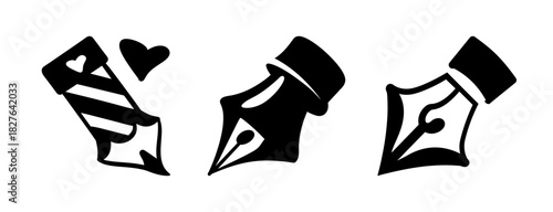 Set of three black graphic ink pen nibs, writing instrument icons