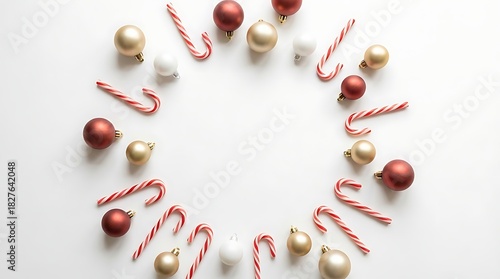 Fototapeta Naklejka Na Ścianę i Meble -  Festive christmas flatlay with ornaments and candy canes holiday background top view composition white isolated space