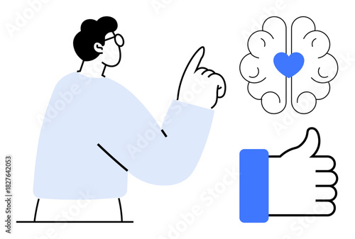Emotional intelligence concept. A person gestures toward a brain symbol with a heart, emphasizing emotional intelligence and positive actions. For psychology, communication, self-awareness