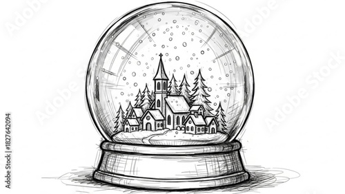 Charming winter village scene encapsulated in a snow globe, evoking nostalgic Christmas memories with detailed pen and ink style artwork for holiday projects