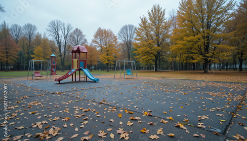 Colorful playground stands empty in a serene park during autumn season with falling leaves
