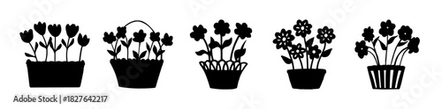Potted plant silhouette icon set, blooming flowers in pots