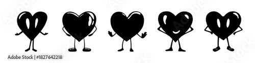 Black heart characters expressing emotions with different poses