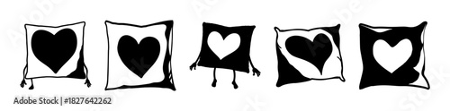 Hand drawn collection of playful heart pillows, doodle vector