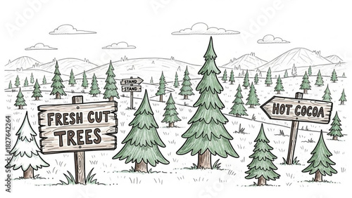 Whimsical cartoon of a Christmas tree farm with a hot cocoa sign and fresh cut trees sign in a snowy mountain landscape for seasonal holiday cheer