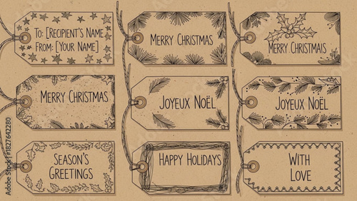 Charming handcrafted holiday gift tags for Christmas and winter celebrations, featuring festive greetings and personalized messages, originally vector art