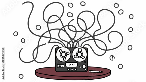 Vintage analog tape recorder with tangled neural loops coming out
