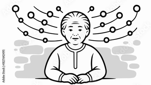 Elderly Asian woman with albinism quietly observing abstract neural patterns