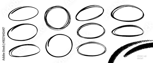 Set of hand-drawn scribble circles and ovals. Vector collection of grunge frames with a rough pencil or charcoal texture. Isolated design elements for highlighting.