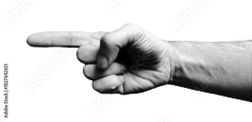 Pointing finger hand gesture with halftone effect. Vector retro dot screen illustration of a vintage signpost symbol isolated on a white background.