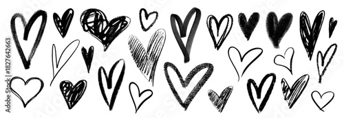 Set of hand-drawn hearts. Vector collection of doodle, scribble and brush stroke love symbols for Valentine's Day and modern design.