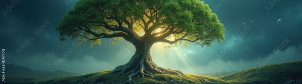 Fototapeta premium Tree with a sky background and a sunbeam genealogy tree illustration
