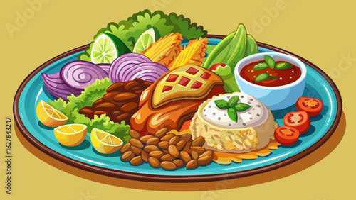 Very beautiful semi-realistic vector illustration of a Casado dish, featuring grilled chicken served with rice, beans, salad, fried plantains, and a colorful assortment of accompaniments, presented on