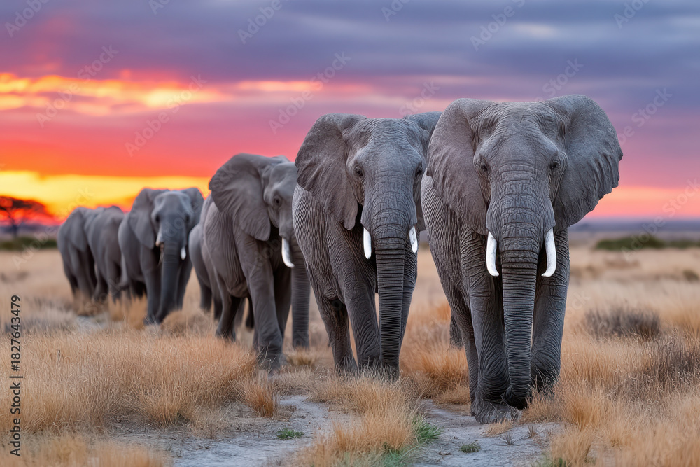 Fototapeta premium Elephants walking in line at sunset