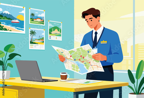 A man in uniform looks at a map in an office setting. Travel destinations are depicted on the wall