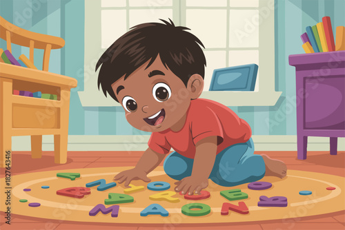 A smiling child reaching for colorful alphabet letters on a rug, in a bright cartoon playroom setting