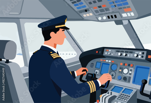 An airplane pilot in uniform steers the cockpit. The controls and instruments are visible. Blue, grey tones
