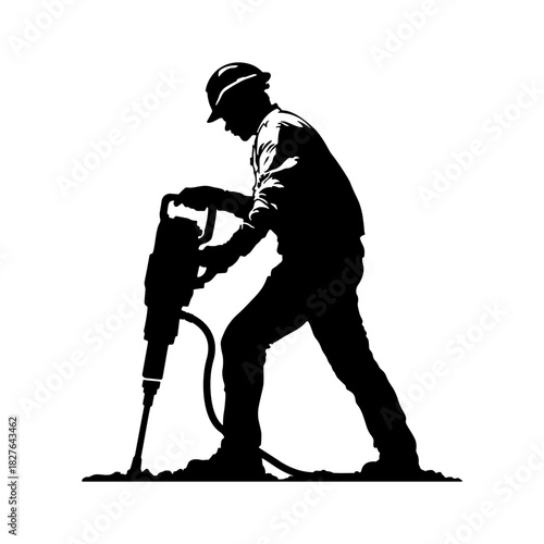 Black silhouette of a worker with a pneumatic hammer in a helmet without background.