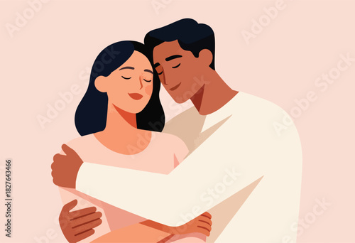 Illustration of a couple embracing with closed eyes against a blush background. They are in a loving embrace