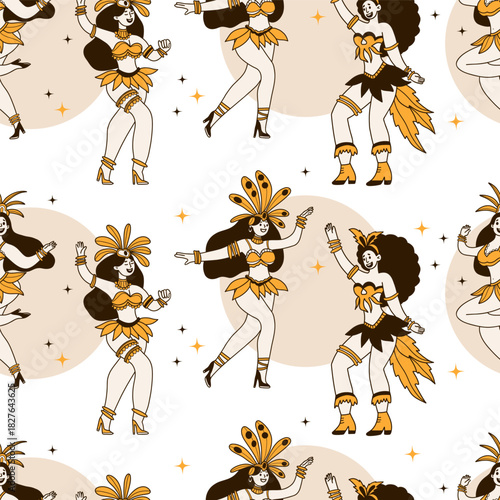 Women Carnival Dancers Seamless Pattern. Happy Female Character in Masquerade Costumes with Feathers on White Background. Color Hand Drawing Doodle. Vector Square Illustration. Not AI