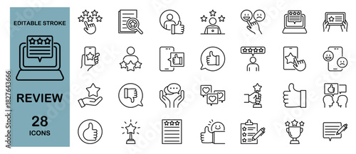 Review Icon Set – Feedback, Rating, Customer Satisfaction and Comment. Editable Stroke, Vector Illustration