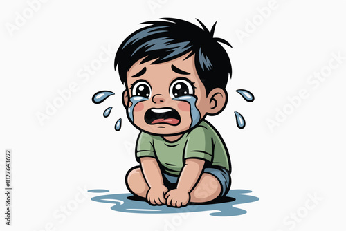 A cartoon child is sitting, crying tears with wide open mouth. Water droplets of tears are around him