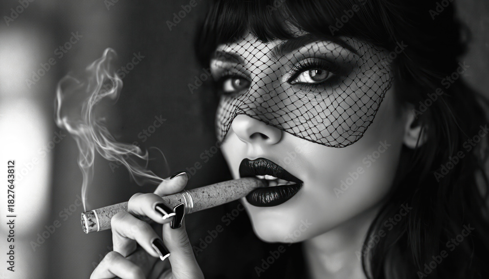 Obraz premium Glamorous young woman with dark makeup, fishnet veil smokes cigar. Looks directly, confidently. Retro style adds sensual, mysterious mood to fashion portrait. Black, white photo emphasizes dramatic