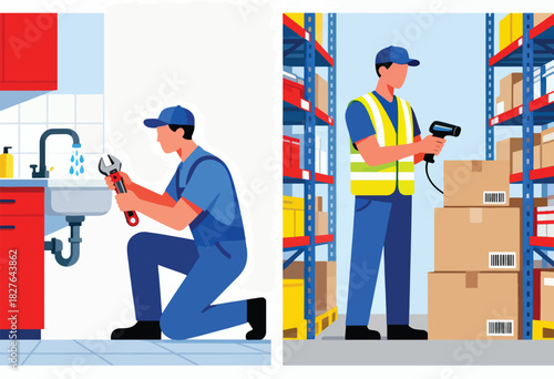 Two scenes depict a worker fixing a faucet with a wrench, and another scanning barcodes in a warehouse