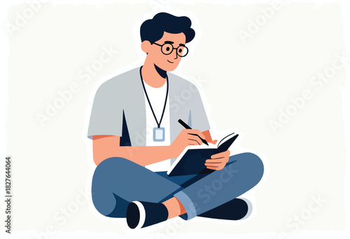 A person with glasses sits cross-legged, writing in a notebook. The illustration has a simple, minimalist style