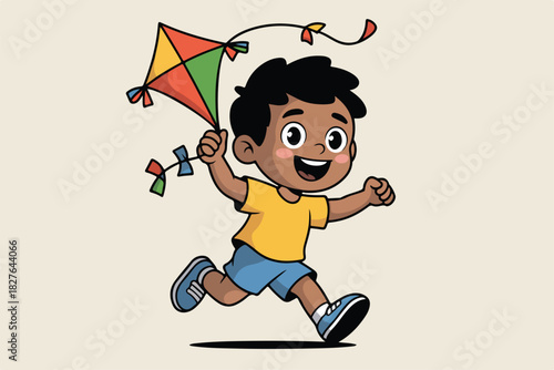 A cartoon child runs happily, holding a colorful kite, with a cheerful expression against a pale backdrop