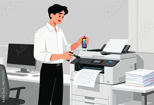 A man in a white shirt and black pants replaces ink cartridges in an office printer with a smile
