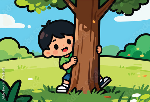 A cartoon child peeks from behind a tree trunk in a grassy field on a sunny day