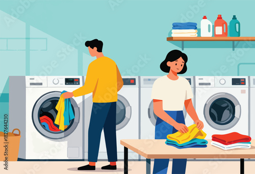 A laundromat scene with two people doing laundry. One loads clothes, the other folds. Bottles and towels on shelf